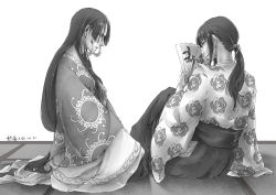 Rule 34 | 10s, 2013, 2girls, alternate costume, boa hancock, dated, earrings, hand fan, folding fan, glaring, hebi utage, japanese clothes, jewelry, long hair, looking at another, monochrome, multiple girls, nico robin, one piece, ponytail, sitting, smirk