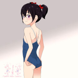 1girl absurdres adjusting_clothes adjusting_swimsuit ass bare_arms bare_shoulders black_hair blue_one-piece_swimsuit blush bow closed_mouth commentary_request from_behind gradient_background grey_background hair_between_eyes hair_bow highres looking_at_viewer looking_back mayafufu one-piece_swimsuit original purple_eyes red_bow school_swimsuit smile solo swimsuit twintails white_background