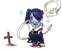 Rule 34 | 1girl, bare shoulders, blue hair, blue skin, colored skin, cross, detached collar, detached sleeves, grave, hair over one eye, leviathan (skullgirls), long hair, long skirt, music, musical note, no shoes, red eyes, side ponytail, singing, skirt, skullgirls, socks, solo, squatting, squigly (skullgirls), stitched mouth, stitches, striped clothes, striped legwear, striped sleeves, striped socks, yuriyuri (ccc), zombie