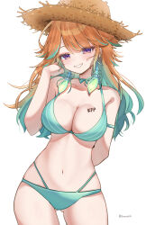 Rule 34 | 1girl, absurdres, arm behind back, bikini, breast tattoo, breasts, choker, cleavage, contrapposto, earrings, feather earrings, feathers, gluteal fold, gradient hair, green bikini, grey hair, grin, hand up, hat, highres, hololive, hololive english, jewelry, long hair, looking at viewer, medium breasts, multicolored hair, navel, orange hair, purple eyes, ribbon choker, shunnukiki, simple background, smile, solo, straw hat, swept bangs, swimsuit, takanashi kiara, takanashi kiara (casual), tattoo, twitter username, two-tone hair, virtual youtuber