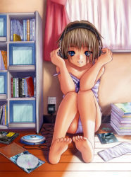 Rule 34 | 1girl, absurdres, barefoot, blue eyes, bob cut, book, bookshelf, brown hair, camisole, cd, cd case, cd player, chemise, curtains, discman, electrical outlet, feet, grin, hand on own ear, hand on own ear, headphones, highres, inou shin, knees to chest, leaning back, looking at viewer, non-web source, off shoulder, on floor, original, panties, short hair, signature, sitting, smile, soles, solo, strap slip, sunlight, toes, underwear, white panties, window, wooden floor