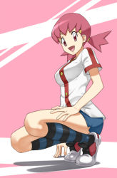 Rule 34 | 00s, 1girl, bad id, bad pixiv id, creatures (company), game freak, gonoike biwa, gym leader, happy, legs, nintendo, pokemon, pokemon hgss, red hair, shoes, smile, sneakers, socks, solo, squatting, striped clothes, striped socks, twintails, whitney (pokemon)