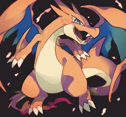 Rule 34 | akadako, animal focus, bags under eyes, black background, blue eyes, breath weapon, breathing fire, bright pupils, charizard, claws, creatures (company), dragon, fangs, fire, flame-tipped tail, full body, game freak, gen 1 pokemon, looking at viewer, mega charizard y, mega pokemon, nintendo, no humans, one-hour drawing challenge, open mouth, pokemon, pokemon (creature), solo, white pupils