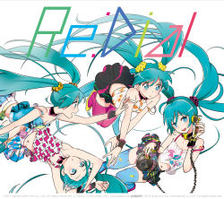 Rule 34 | 10s, 2013, 4girls, album cover, aqua eyes, aqua hair, blush, cable, cover, hatsune miku, head tilt, highres, looking at viewer, mebae, multiple girls, multiple persona, navel, redial (vocaloid), simple background, stomach, twintails, vocaloid, white background