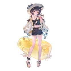 Rule 34 | 1girl, ankle scrunchie, bad link, bag, black hair, black male swimwear, black swim trunks, bow, breasts, full body, granblue fantasy, hair bobbles, hair bow, hair ornament, handbag, hands up, hat, inflatable toy, jacket, jacket on shoulders, looking at viewer, male swimwear, medium hair, midriff, mouse (animal), navel, nose bubble, official alternate costume, official art, parted lips, red hair, sandals, scrunchie, shoulder bag, small breasts, solo, strapless, sun hat, swim trunks, swimsuit, toes, transparent background, tube top, vikala (granblue fantasy), white jacket, wrist scrunchie