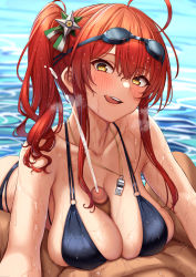 Rule 34 | 1boy, 1girl, absurdres, ahoge, azur lane, bikini, black bikini, blush, breasts, brown eyes, censored, check commentary, cleavage, collarbone, commander (azur lane), commentary request, covered erect nipples, cum, cum on body, cum on breasts, cum on upper body, cumdrip, ejaculation between breasts, goggles, goggles on head, hair between eyes, hair ornament, handsfree paizuri, head tilt, heavy breathing, hetero, highres, large breasts, leaning forward, long hair, looking at viewer, momo no sukebe, mosaic censoring, o-ring, o-ring bikini, open mouth, paizuri, paizuri under clothes, penis, pov, red hair, side ponytail, sidelocks, smile, solo focus, swimsuit, tongue, tongue out, wet, whistle, whistle around neck, zara (azur lane), zara (poolside coincidence) (azur lane)