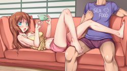 Rule 34 | 1boy, 1girl, aokihoshi, bare legs, bare shoulders, barefoot, blue eyes, breasts, brown hair, camisole, cellphone, cleavage, copyright request, couch, feet, indoors, legs, long hair, lying, medium breasts, on back, open mouth, phone, short shorts, shorts, sitting, smartphone, thighs, toes, v-shaped eyebrows