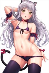 Rule 34 | 1girl, animal ears, arm behind head, arm garter, bang dream!, black thighhighs, breasts, cameltoe, cat ears, cat tail, cleft of venus, collar, lambda (kusowarota), long hair, looking at viewer, medium breasts, minato yukina, navel, red collar, silver hair, solo, stomach, tail, thighhighs, thighs, white background, yellow eyes