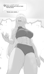 Rule 34 | 1girl, abs, ak-15 (girls&#039; frontline), breasts, broken wall, chiyo goya, english text, girls&#039; frontline, greyscale, gym uniform, hair over one eye, highres, hole in wall, large breasts, leanbeefpatty, long hair, looking at viewer, meme, mildly muscular women think they&#039;re gods (meme), monochrome, muscular, muscular female, shaded face, simple background, solo, tiktok