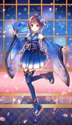 Rule 34 | 1girl, ahoge, bare shoulders, blue flower, blue footwear, blue gloves, blue kimono, blue thighhighs, blush, bridal gauntlets, chain, checkered background, cherry blossoms, closed mouth, detached sleeves, falling petals, floral background, flower, flower request, folding fan, full body, geta, gloves, gold chain, hair flower, hair ornament, hand fan, headdress, highres, holding, holding fan, idolmaster, idolmaster cinderella girls, idolmaster cinderella girls starlight stage, japanese clothes, kimono, kimono skirt, leg up, lolita fashion, looking at viewer, obi, outstretched arm, petals, platform footwear, purple flower, purple hair, sash, shadow, short hair, sleeveless, smile, solo, standing, standing on one leg, tama (songe), tassel, thighhighs, tiptoes, wa lolita, wakiyama tamami, wide sleeves, yellow eyes