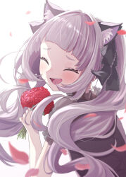 Rule 34 | 1girl, alternate costume, animal ear fluff, animal ears, arched bangs, bankamba, black ribbon, black shirt, blush, bouquet, cat ears, closed eyes, facing back, facing viewer, flower, from behind, grey hair, hair ribbon, highres, holding, holding bouquet, hololive, long hair, murasaki shion, official alternate hairstyle, open mouth, puffy short sleeves, puffy sleeves, ribbon, see-through, see-through sleeves, shirt, short sleeves, sidelocks, solo, twintails, upper body, virtual youtuber