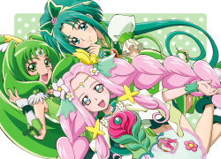 Rule 34 | 00s, 10s, 3girls, :d, akimoto komachi, aqua eyes, bike shorts, blue neckwear, boo (takagi), braid, butterfly hair ornament, circlet, color connection, cure felice, cure march, cure mint, flower, green background, green eyes, green footwear, green hair, green shorts, green theme, ha-chan (mahou girls precure!), hair flower, hair ornament, hanami kotoha, highres, long hair, looking at viewer, magical girl, mahou girls precure!, midorikawa nao, multicolored eyes, multiple girls, open mouth, pink eyes, pink hair, polka dot, polka dot background, ponytail, precure, puffy sleeves, shoes, shorts, shorts under skirt, skirt, smile, smile precure!, tri tails, twin braids, very long hair, white skirt, wrist cuffs, yellow eyes, yes! precure 5, yes! precure 5 gogo!
