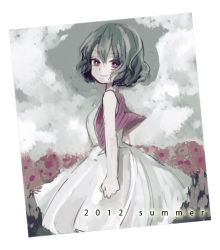 Rule 34 | 10s, 1girl, 2012, alternate costume, biyouki, cloud, dress, english text, female focus, field, flower, flower field, from side, grey theme, kazami yuuka, looking at viewer, red eyes, short hair, solo, sundress, touhou, vest, white dress