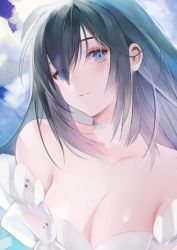 Rule 34 | 1girl, bad id, bad twitter id, bare shoulders, black hair, blue eyes, blush, breasts, choker, cleavage, close-up, closed mouth, cloud, collarbone, commentary, copyright request, day, hair over eyes, hair strand, highres, large breasts, long hair, looking at viewer, off shoulder, raincsh, solo, symbol-only commentary, upper body, water, water drop