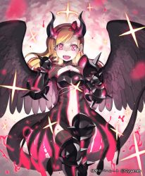 Rule 34 | 10s, 1girl, armor, bad id, bad pixiv id, bare shoulders, black wings, blonde hair, boots, bow, breasts, center opening, copyright name, corruption, dark persona, demon, demon girl, eve lishia, fangs, gauntlets, hair bow, horns, ivurishia, len (a-7), long hair, navel, official art, open mouth, pink eyes, red eyes, shingeki no bahamut, shoulder pads, solo, tail, thigh boots, thighhighs, watermark, wings