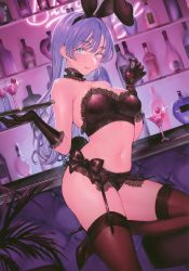 Rule 34 | 1girl, :q, absurdres, animal ears, armpit crease, bar (place), bare arms, bare shoulders, black bow, black choker, black footwear, black gloves, black panties, blue eyes, blush, bow, breasts, brown thighhighs, cherry, choker, cleavage, closed mouth, cocktail glass, crop top, cup, drinking glass, dutch angle, fake animal ears, fake tail, food, frilled choker, frills, fruit, garter belt, gloves, hairband, hands up, high heels, highres, holding, holding food, holding fruit, holding plate, large breasts, latex, long hair, looking at viewer, midriff, mole, mole under eye, navel, original, panties, plate, purple hair, rabbit ears, rabbit tail, satin, satin bra, satin panties, scan, sleeveless, smile, solo, stomach, strapless, tail, thighhighs, thighs, tongue, tongue out, tray, underwear, uni (melm)