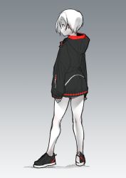 Rule 34 | 1girl, bare legs, ear piercing, expressionless, from behind, full body, gradient background, hair over one eye, highres, hood, hood down, hooded jacket, idolmaster, idolmaster cinderella girls, jacket, limited palette, monochrome, piercing, profile, shirasaka koume, shoes, short hair, sleeves past wrists, sneakers, solo, sumi (oyasumie), zipper