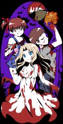 Rule 34 | 10s, 3girls, :q, absurdres, alisa (girls und panzer), animal print, arms up, artist name, bat print, black pants, blonde hair, blood, blood on clothes, blood on face, blood on hands, blood on leg, bloody clothes, bloody dress, blue coveralls, blue eyes, blue overalls, breasts, brown eyes, brown hair, circular saw, cleavage, closed mouth, cross, dress, facial scar, freckles, from side, girls und panzer, graveyard, grey shirt, hair intakes, hair ribbon, halloween, halloween costume, highres, holding, holding knife, holding weapon, kay (girls und panzer), knife, long hair, multicolored shirt, multicolored stripes, multiple girls, naomi (girls und panzer), off shoulder, overall shorts, overalls, pants, parda siko, parted lips, power tool, red ribbon, reverse grip, ribbon, saw, scar, scar on cheek, scar on face, shirt, short coveralls, short hair, short sleeves, short twintails, signature, smirk, striped clothes, striped shirt, sundress, tongue, tongue out, twintails, v-shaped eyebrows, very short hair, weapon, white dress