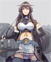 Rule 34 | 1girl, black gloves, black hair, boots, breasts, coat, elbow gloves, garter straps, gloves, grey background, hand on own hip, headgear, highres, kantai collection, kasumi (skchkko), large breasts, long hair, machinery, midriff, miniskirt, nagato (kancolle), nagato kai ni (kancolle), navel, partially fingerless gloves, pleated skirt, red eyes, revision, rigging, sakuramon, simple background, skirt, solo, thigh boots, thighhighs, white skirt