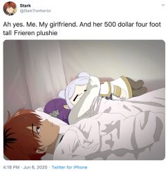 Rule 34 | 1boy, 1girl, 500 dollar four foot tall mareep (meme), = =, bed, commentary, english commentary, english text, expressionless, fake screenshot, fern (sousou no frieren), frieren, from side, fullheartart, highres, lying, meme, on back, on bed, photo-referenced, pillow, profile, purple hair, red hair, short hair, sleeping, stark (sousou no frieren), stuffed toy, twitter, under covers