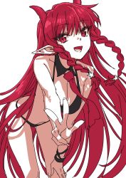 Rule 34 | 1girl, :d, arknights, bare arms, bare shoulders, bikini, black bikini, black collar, braid, breasts, cleavage, collar, commentary request, detached collar, highres, horns, leaning forward, long hair, necktie, open mouth, pointy ears, red eyes, red hair, red necktie, simple background, small breasts, smile, solo, sunomono, swimsuit, twin braids, very long hair, vigna (arknights), white background, wing collar