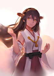 Rule 34 | 10s, 1girl, bare shoulders, black hair, detached sleeves, hair between eyes, hair ornament, hairband, hairclip, haruna (kancolle), headgear, japanese clothes, kantai collection, lips, long hair, nontraditional miko, skirt, skirt set, smile, sola7764, solo, upper body, wide sleeves, yellow eyes