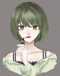 Rule 34 | 1girl, collarbone, cropped torso, empty eyes, female focus, green eyes, green hair, grey background, highres, idolmaster, idolmaster shiny colors, inase (1na1000), lipstick, lipstick mark, looking at viewer, makeup, nanakusa nichika, parted lips, simple background, solo, upper body