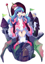 Rule 34 | 1boy, 1girl, :d, blue eyes, blue hair, bowing, butler, cake, facial hair, food, fork, highres, holding, long hair, looking at viewer, mustache, one eye closed, open mouth, original, sitting, smile, staff, strawberry shortcake, throne, usatsuka eiji