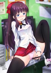 Rule 34 | 1girl, black thighhighs, blunt bangs, blurry, clothes lift, collared shirt, commentary request, dated, depth of field, female masturbation, holding, kamogawa tanuki, long hair, masturbation, new game!, nipples, panties, pink panties, ponytail, pussy juice, see-through, shirt, sitting, solo, sparkle, spread legs, takimoto hifumi, thighhighs, underwear, very long hair, wavy mouth, white shirt