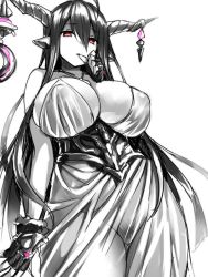 Rule 34 | 10s, 1girl, breasts, cleavage, covered erect nipples, danua, draph, dress, female pubic hair, finger to mouth, fingerless gloves, gloves, granblue fantasy, horn ornament, horns, huge breasts, long hair, monochrome, multiple monochrome, pubic hair, red eyes, see-through, simple background, solo, spot color, tsukumiya amane, very long hair, white background
