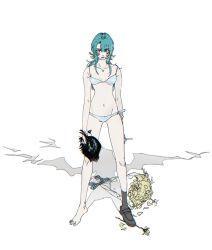 Rule 34 | 1girl, bare arms, bare shoulders, bikini, black footwear, black socks, blue eyes, blue hair, bouquet, breasts, chromatic aberration, cleavage, collarbone, different shadow, disembodied head, flower, groin, hair between eyes, heart, heart necklace, highres, jewelry, legs apart, long hair, navel, necklace, original, petals, shoes, simple background, single bare leg, single barefoot, single shoe, single sock, small breasts, socks, standing, striped bikini, striped clothes, swimsuit, white background, yellow flower, yosh1to