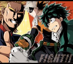 Rule 34 | 10s, 3boys, age difference, all might, bad id, bad pixiv id, bakugou katsuki, belt, blonde hair, bodysuit, boku no hero academia, clenched teeth, determined, elbow gloves, english text, freckles, gauntlets, gloves, green eyes, green hair, male focus, mask, matching hair/eyes, midoriya izuku, multiple boys, outline, parted lips, platinum blonde hair, red eyes, serious, shaded face, short hair, sparkle, spiked hair, standing, superhero costume, sweatdrop, teacher and student, teeth, thick eyebrows, thumbs up, yagi toshinori, yagiushi (sinnpatilove)