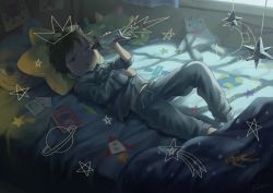 Rule 34 | 1boy, :o, bed, book, brown hair, child, child&#039;s drawing, commentary request, holding, holding toy, lying, male focus, noeyebrow (mauve), on back, on bed, one eye closed, open mouth, original, pajamas, sleepy, stuffed animal, stuffed toy, toy, window shadow