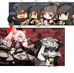 Rule 34 | 10s, 6+girls, abyssal ship, ahoge, akagi (kancolle), blunt bangs, brown hair, bucket, chibi, dateneco, detached sleeves, highres, japanese clothes, kantai collection, kitakami (kancolle), kongou (kancolle), long hair, multiple girls, nagato (kancolle), nontraditional miko, pantyhose, personification, smile, southern ocean war oni, southern ocean war princess, translated, wo-class aircraft carrier