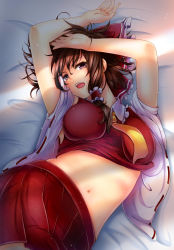 Rule 34 | 1girl, arms up, ascot, bare shoulders, bow, breasts, brown hair, detached sleeves, fingernails, frilled shirt collar, frills, hair bow, hair tubes, hakurei reimu, highres, long fingernails, long hair, looking at viewer, lying, medium breasts, midriff, navel, on back, pleated skirt, purple eyes, red bow, red eyes, red shirt, red skirt, ribbon-trimmed sleeves, ribbon trim, shirt, sidelocks, skin tight, skirt, sleeveless, sleeveless shirt, solo, take no ko (4919400), touhou, wide sleeves