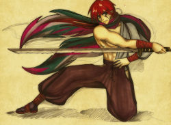 Rule 34 | 1boy, assan (mirage noir), bandages, japanese clothes, katana, long hair, male focus, mirage noir, muscular, noire ighaan, ponytail, red hair, scarf, solo, sword, tagme, visual novel, weapon, wind