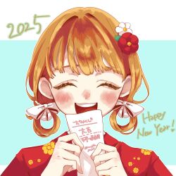 1girl 2025 ^_^ alternate_costume annette_fantine_dominic aqua_background blush bow closed_eyes commentary eyelashes fire_emblem fire_emblem:_three_houses flower hair_bow hair_flower hair_ornament hair_rings happy_new_year highres komugiko_jiro13 new_year nintendo open_mouth orange_hair red_flower simple_background smile solo two-tone_background upper_body white_background white_bow white_flower