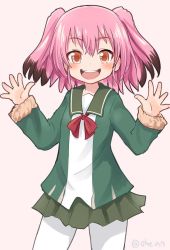 Rule 34 | 1girl, ahenn, brown hair, colored tips, fur-trimmed sleeves, fur trim, green jacket, green sailor collar, green skirt, jacket, kantai collection, kunashiri (kancolle), long sleeves, medium hair, multicolored hair, open mouth, orange eyes, pantyhose, pink background, pink hair, red neckwear, sailor collar, school uniform, simple background, skirt, solo, twitter username, two-tone hair, two side up, white pantyhose
