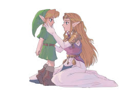 Rule 34 | 1boy, 1girl, age difference, armor, arms behind back, belt, blonde hair, blue eyes, boots, brown belt, brown footwear, child, circlet, dress, earrings, elbow gloves, eye contact, eyebrows, forehead jewel, from side, full body, gloves, green headwear, hand on another&#039;s cheek, hat, jewelry, link, long hair, looking at another, nintendo, parted lips, pointy ears, princess zelda, profile, short hair, short sleeves, shoulder armor, sidelocks, simple background, sitting, size difference, smile, the legend of zelda, the legend of zelda: ocarina of time, triforce, triforce earrings, tunic, white background, yamoooon21, young link