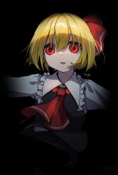 Rule 34 | 1girl, ascot, black skirt, black vest, blonde hair, collared shirt, darkness, hair between eyes, hair ribbon, highres, long sleeves, myuga66666, one-hour drawing challenge, open mouth, red ascot, red eyes, red ribbon, ribbon, rumia, shirt, short hair, skirt, solo, touhou, upper body, vest, white shirt