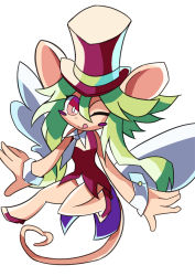 Rule 34 | 1girl, animal ears, blush stickers, breasts, green hair, hat, leotard, mad rat dead, mouse (animal), mouse ears, mouse girl, mouse tail, nippon ichi, rat god, red eyes, tail, top hat, wings, wrist cuffs