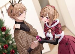Rule 34 | 1boy, 1girl, absurdres, antlers, black gloves, blurry, blurry background, blush, bow, breasts, brown hair, chigusa minori, christmas, christmas ornaments, christmas tree, cleavage, commentary request, dress, elbow gloves, fake antlers, gift, gift wrapping, gloves, hair bow, highres, holding, holding gift, horns, indoors, jitsuha imouto deshita., long sleeves, medium breasts, novel illustration, official art, open mouth, ponytail, red dress, reindeer antlers, short hair, siblings, sidelocks, smile, standing, turtleneck, ueda hinata, ueda kousei