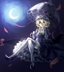 Rule 34 | 1girl, bad id, bad pixiv id, blonde hair, breasts, cleavage, crossed legs, elbow gloves, female focus, full body, gap (touhou), gloves, gradient background, hat, high heels, holding, holding umbrella, legs, long hair, moon, outdoors, parsley-f, purple eyes, shoes, sky, solo, thighhighs, touhou, umbrella, white gloves, white thighhighs, yakumo yukari