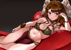 Rule 34 | 1girl, absurdres, blue eyes, breast tattoo, breasts, brown hair, chain, chain leash, cleavage, collar, commentary, commentary request, cosplay, cushion, dark background, earrings, elbow rest, english commentary, eunie (xenoblade), feathered wings, head rest, head wings, heavy breathing, highres, hoop earrings, jewelry, large breasts, leash, light blush, long hair, looking at viewer, lying, medium hair, metal bikini, metal collar, mixed-language commentary, on side, oniisan02b, open mouth, pelvic curtain, princess leia organa solo, princess leia organa solo (cosplay), slave, solo, sweat, tattoo, variant set, white wings, wings, xenoblade chronicles (series), xenoblade chronicles 3