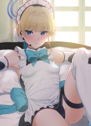 Rule 34 | 1girl, absurdres, apron, aqua ribbon, armored boots, armpits, backlighting, bare shoulders, bed, blonde hair, blue archive, blue eyes, blue leotard, blush, boots, breasts, closed mouth, commentary, detached sleeves, embarrassed, english commentary, hair bun, halo, headset, highres, indoors, knee up, leotard, leotard under clothes, looking at viewer, maid, maid apron, maid headdress, medium breasts, mintz912, neck ribbon, on bed, reclining, ribbon, short hair, sitting, solo, thigh strap, toki (blue archive), white apron, window