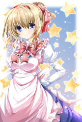 Rule 34 | 1girl, alice margatroid, alternate hairstyle, apron, bad id, bad pixiv id, blonde hair, blue eyes, bow, breasts, female focus, frills, gradient background, hair ribbon, hairband, hands on own hips, medium breasts, nanase nao, ponytail, ribbon, short hair, solo, star (symbol), touhou
