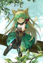 Rule 34 | 1girl, 241 (nishiki), animal ears, atalanta (fate), bad id, bad pixiv id, blonde hair, bow (weapon), cat ears, cat tail, fate/apocrypha, fate (series), green eyes, green hair, hand in own hair, highres, long hair, multicolored hair, sitting, solo, tail, thighhighs, two-tone hair, very long hair, weapon