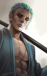 Rule 34 | 1boy, aqua hair, blue shirt, brown eyes, closed mouth, collarbone, dantewontdie, earrings, expressionless, jewelry, lips, male focus, one eye closed, one piece, open clothes, open shirt, over shoulder, roronoa zoro, sash, scar, scar across eye, scar on face, shirt, single earring, solo, staff, upper body