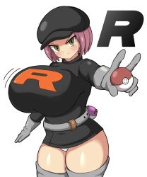 Rule 34 | 1girl, belt, black headwear, blush, bouncing breasts, breasts, creatures (company), dress, game freak, gloves, grey gloves, grey thighhighs, highres, huge breasts, impossible clothes, jaga334, microdress, nintendo, panties, pink hair, poke ball, pokemon, pokemon hgss, single letter, solo, team rocket, team rocket grunt, team rocket uniform, thighhighs, underwear, white panties