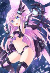 Rule 34 | 1girl, black thighhighs, blue eyes, breasts, covered erect nipples, highres, kazuneko (wktk1024), large breasts, long hair, nepgear, neptune (series), open hand, open mouth, pink hair, power symbol-shaped pupils, purple hair, purple sister, symbol-shaped pupils, thighhighs, very long hair